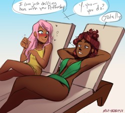 Size: 1280x1156 | Tagged: safe, artist:mlp-hearts, imported from derpibooru, fluttershy, tree hugger, human, absolute cleavage, beach chair, blushing, breasts, chair, cleavage, clothes, dark skin, dialogue, duo, female, flutterhugger, humanized, lesbian, shipping, swimsuit