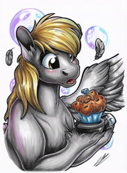 Size: 1920x2630 | Tagged: safe, artist:lupiarts, imported from derpibooru, derpy hooves, pegasus, pony, feather, female, food, implied shipping, jewelry, mare, marriage proposal, muffin, ring, solo, traditional art, unshorn fetlocks, wings