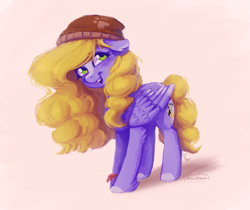 Size: 1779x1491 | Tagged: safe, artist:zowzowo, imported from derpibooru, oc, oc only, pegasus, pony, beanie, female, hat, looking at you, mare, open mouth, open smile, simple background, smiling, smiling at you, solo