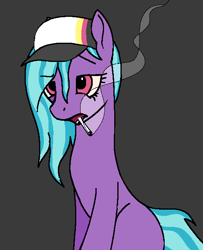 Size: 519x638 | Tagged: safe, artist:swegmeiser, imported from derpibooru, azure velour, pony, cap, cigarette, gray background, hat, ms paint, simple background, smoking, solo