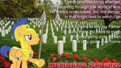 Size: 2064x1163 | Tagged: safe, artist:not-yet-a-brony, imported from derpibooru, flash sentry, pegasus, 2022, arlington national cemetery, armor, gravestone, graveyard, lyrics, lyrics in the description, memorial day, royal guard armor, text, youtube link in the description