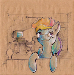 Size: 1623x1631 | Tagged: safe, artist:alexandrvirus, imported from derpibooru, rainbow dash, pegasus, pony, computer, crt, smiling, solo