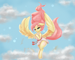 Size: 1500x1197 | Tagged: safe, artist:inkypuso, imported from derpibooru, fluttershy, pegasus, pony, semi-anthro, alternate hairstyle, angel, angelic, clothes, cloud, cute, female, flying, mare, robe, shyabetes, sky, solo