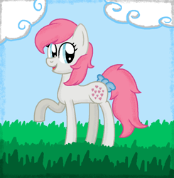 Size: 839x857 | Tagged: safe, artist:dinkydoostarshine, imported from derpibooru, snuzzle, earth pony, pony, blue bow, blue eyes, bow, cloud, cloudy, cute, female, field, g1, g1 to g4, g4, generation leap, grass, grass field, hooves, mare, open mouth, open smile, pink hair, pink mane, pink tail, ponyland, raised hoof, raised leg, smiling, snuzzlebetes, standing, tail, tail bow