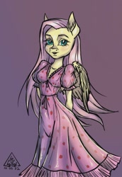 Size: 1485x2160 | Tagged: safe, artist:gigisarts, imported from derpibooru, fluttershy, anthro, pegasus, clothes, dress, g4, pink dress, pink hair, solo