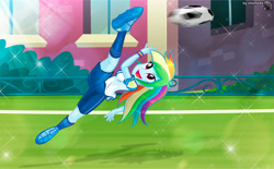 Size: 1573x975 | Tagged: safe, artist:charliexe, imported from derpibooru, rainbow dash, human, equestria girls, ass, ball, butt, cleats, clothes, commission, female, football, grass, kicking, open mouth, shirt, shoes, shorts, soccer shoes, socks, solo, sports, t-shirt, tomboy