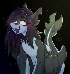 Size: 2946x3124 | Tagged: safe, artist:rico_chan, imported from derpibooru, oc, earth pony, pony, shark, shark pony, undead, zombie, zombie pony, black background, fish tail, glowing, glowing eyes, gradient background, simple background, sketch, solo, tail, teeth, tongue out, worms