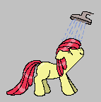 Size: 143x144 | Tagged: safe, artist:café con azúcar, imported from derpibooru, apple bloom, earth pony, pony, aggie.io, eyes closed, female, filly, foal, looking up, lowres, shower, simple background, smiling, wet