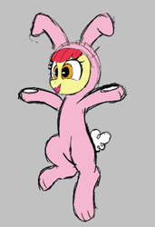 Size: 273x398 | Tagged: safe, artist:poncarnal, imported from derpibooru, apple bloom, earth pony, pony, aggie.io, animal costume, bunny costume, bunny ears, clothes, costume, female, filly, foal, jumping, lowres, open mouth, simple background, smiling