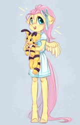 Size: 694x1079 | Tagged: safe, artist:melodylibris, imported from derpibooru, fluttershy, anthro, pegasus, unguligrade anthro, alternate hairstyle, aside glance, catbee, clothes, cute, dress, emanata, female, filly, filly fluttershy, floppy ears, hair ribbon, looking at you, open mouth, open smile, plushie, poppy playtime, ribbon, shyabetes, smiling, solo, standing, younger