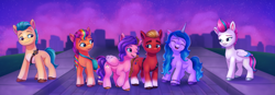 Size: 6208x2160 | Tagged: safe, artist:malarkey, imported from derpibooru, hitch trailblazer, izzy moonbow, pipp petals, sprout cloverleaf, sunny starscout, zipp storm, earth pony, pegasus, pony, unicorn, spoiler:g5, a better ending for sprout, female, g5, group, male, mane five (g5), mare, my little pony: a maretime bay adventure, new mane six (g5), scene interpretation, stallion