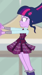 Size: 212x376 | Tagged: safe, edit, edited screencap, imported from derpibooru, screencap, sci-twi, twilight sparkle, human, equestria girls, friendship games, animated, canterlot high, clothes, cropped, crystal prep academy uniform, cutie mark accessory, cutie mark hair accessory, floating, flying, friendship games outfit, gif, hair accessory, reversed, school uniform, skirt, skirt lift, socks, solo