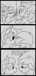 Size: 804x1688 | Tagged: safe, artist:thebathwaterhero, imported from derpibooru, oc, oc:lavender, oc:maple dreams, earth pony, pegasus, pony, duo, earth pony oc, female, filly, foal, food, implied lesbian, kissing, lineart, pegasus oc, waffle