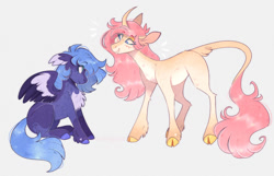 Size: 1280x826 | Tagged: safe, artist:wanderingpegasus, imported from derpibooru, princess celestia, princess luna, classical unicorn, pegasus, pony, unicorn, chest fluff, cloven hooves, duo, female, leonine tail, mare, missing cutie mark, pegasus luna, pink-mane celestia, race swap, siblings, sisters, unicorn celestia, unshorn fetlocks, younger