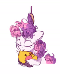 Size: 1569x1958 | Tagged: safe, artist:fanzeem, imported from derpibooru, sweetie belle, pony, unicorn, brush, cute, diasweetes, eyes closed, female, filly, foal, hairbrush, messy mane, morning ponies, open mouth, plushie, simple background, solo, tired, unshorn fetlocks, white background