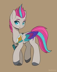 Size: 1600x2000 | Tagged: safe, artist:asimos, imported from derpibooru, zipp storm, pegasus, pony, brown background, colored wings, detective zipp, eyebrows, female, folded wings, g5, looking at you, mare, multicolored wings, signature, simple background, solo, tail, two toned mane, two toned tail, wings