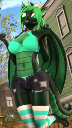 Size: 2160x3840 | Tagged: safe, artist:donglysfm, imported from derpibooru, oc, oc:emerald dusk, anthro, dracony, dragon, hybrid, plantigrade anthro, 3d, :p, anthro oc, boots, breasts, clothes, cute, cute little fangs, denim shorts, ear fluff, fangs, female, high res, horns, revamped anthros, shoes, shorts, socks, source filmmaker, stockings, striped socks, thigh highs, tongue out, unbuttoned, unzipped, unzipped pants