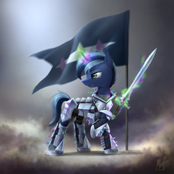 Size: 3300x3300 | Tagged: safe, artist:magfen, imported from derpibooru, oc, oc only, oc:arstotzka reptov, pony, unicorn, armor, flag, magic, solo, sword