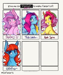 Size: 1715x2048 | Tagged: safe, artist:mscolorsplash, imported from derpibooru, apple spice, skywishes, thistle whistle, waterfire, earth pony, pegasus, pony, six fanarts, female, g3, grin, mare, smiling, wip