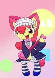 Size: 595x842 | Tagged: safe, artist:up_p_ab, imported from derpibooru, apple bloom, earth pony, pony, adorabloom, bell, bell collar, bipedal, clothes, collar, cute, female, filly, foal, guitar, happy, heart, maid, musical instrument, one eye closed, simple background, socks, solo, stockings, thigh highs, wink