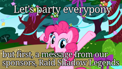 Size: 1280x720 | Tagged: safe, imported from ponybooru, screencap, pinkie pie, g4, meme, party, raid shadow legends, text, tree