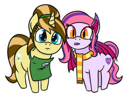 Size: 586x445 | Tagged: safe, artist:jargon scott, imported from derpibooru, oc, oc only, oc:arrhythmia, oc:java chip, bat pony, pony, unicorn, apron, bat pony oc, clothes, duo, female, looking at you, mare, scarf, simple background, striped scarf, white background