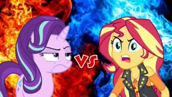 Size: 1280x720 | Tagged: safe, imported from derpibooru, starlight glimmer, sunset shimmer, human, equestria girls, equestria girls series, forgotten friendship, school raze, angry, duel, sunset vs starlight, vs