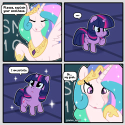 Size: 1004x1004 | Tagged: safe, artist:talimingi, imported from derpibooru, princess celestia, twilight sparkle, alicorn, pony, blushing, chalkboard, comic, crown, cute, cutelestia, dialogue, ethereal mane, explain your smolness, eyes closed, female, filly, filly twilight sparkle, hoof shoes, jewelry, mare, potat, regalia, smol, speech bubble, tiara, twiabetes, twilight sparkle (alicorn), weapons-grade cute, younger