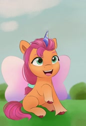 Size: 1362x1984 | Tagged: safe, artist:pipp_petal, imported from derpibooru, sunny starscout, earth pony, pony, cute, daaaaaaaaaaaw, fake horn, fake wings, female, filly, filly sunny starscout, foal, g5, happy, raised hoof, sitting, sunnybetes, unshorn fetlocks, weapons-grade cute, younger