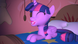 Size: 1280x720 | Tagged: safe, artist:mrl1, imported from derpibooru, pinkie pie, twilight sparkle, alicorn, earth pony, pony, unicorn, 3d, bed, bedroom, duo, duo female, female, golden oaks library, pinkie prey, twilight sparkle (alicorn), twipred, vore