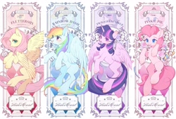 Size: 3276x2220 | Tagged: safe, artist:leafywind, imported from derpibooru, fluttershy, pinkie pie, rainbow dash, twilight sparkle, alicorn, earth pony, pegasus, pony, :p, blushing, card, chest fluff, colored pupils, cute, dashabetes, diapinkes, ear fluff, eye clipping through hair, eyebrows, eyebrows visible through hair, female, group, high res, mare, open mouth, open smile, partially open wings, quartet, shyabetes, smiling, spread wings, tongue out, twiabetes, twilight sparkle (alicorn), wings