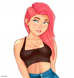 Size: 1782x1876 | Tagged: safe, artist:noah-x3, imported from derpibooru, oc, oc only, oc:neon flare, human, belly button, belly piercing, bra, breasts, clothes, crop top bra, denim, eyebrows, female, human oc, humanized, humanized oc, jeans, looking at you, not fluttershy, not mlp related, pants, piercing, pink hair, simple background, solo, underwear, white background