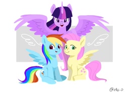 Size: 1129x827 | Tagged: safe, artist:efuji_d, imported from derpibooru, fluttershy, rainbow dash, twilight sparkle, alicorn, pegasus, pony, female, looking at you, mare, smiling, smiling at you, spread wings, trio, twilight sparkle (alicorn), wings