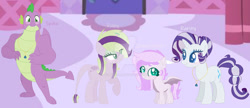 Size: 1280x555 | Tagged: safe, artist:teafor2-d, imported from derpibooru, rarity, spike, oc, oc:jewel heart, oc:ruby, dracony, hybrid, pony, unicorn, base used, carousel boutique, deviantart watermark, family, female, filly, foal, gigachad spike, interspecies offspring, male, mare, obtrusive watermark, offspring, older, older spike, parent:rarity, parent:spike, parents:sparity, shipping, sparity, straight, watermark