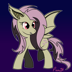 Size: 1000x1000 | Tagged: safe, artist:allpaniknodisco, imported from derpibooru, fluttershy, bat pony, pony, bat ponified, fangs, female, flutterbat, mare, purple background, race swap, red eyes, signature, simple background, solo