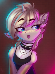 Size: 1200x1600 | Tagged: safe, artist:falafeljake, imported from derpibooru, oc, oc only, pony, unicorn, blushing, choker, clothes, collar, eye clipping through hair, eyebrows, eyebrows visible through hair, solo, spiked collar, tanktop, teasing, tongue out