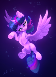 Size: 1920x2638 | Tagged: safe, artist:xbi, imported from derpibooru, twilight sparkle, alicorn, pony, abstract background, belly, belly button, belly fluff, chest fluff, concave belly, ear fluff, female, flying, frog (hoof), gradient background, looking at you, mare, slim, solo, spread wings, twilight sparkle (alicorn), underhoof, wing fluff, wings