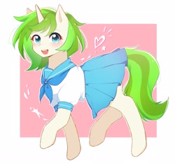 Size: 3200x3000 | Tagged: safe, anonymous artist, imported from derpibooru, oc, oc only, oc:vinyl mix, pony, unicorn, abstract background, clothes, female, heart, looking at you, pleated skirt, sailor uniform, skirt, smiling, solo, uniform