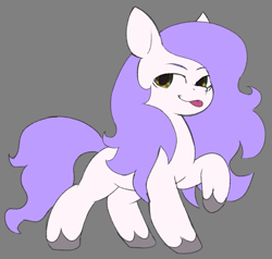 Size: 881x837 | Tagged: safe, artist:jennithedragon, imported from derpibooru, oc, oc only, oc:mockery, earth pony, pony, cheeky, digital art, earth pony oc, g5, grin, male, mane, messy mane, multicolored eyes, purple hair, purple mane, purple tail, raised hoof, simple background, smiling, solo, stallion, standing, tail, tongue out, unshorn fetlocks, white body, white fur