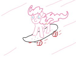 Size: 1200x900 | Tagged: safe, artist:purblehoers, imported from derpibooru, pinkie pie, earth pony, pony, confident, doodle, fast, female, mare, motion lines, ms paint, simple background, skateboard, solo, white background, windswept mane