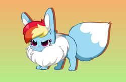 Size: 5856x3784 | Tagged: safe, artist:kittyrosie, imported from derpibooru, part of a set, rainbow dash, eevee, >:3, blushing, chest fluff, cute, cuteness overload, dashabetes, ear fluff, gradient background, kittyrosie is trying to murder us, open mouth, open smile, pokefied, pokémon, simple background, smiling, solo, species swap, sweet dreams fuel, weapons-grade cute