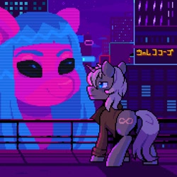 Size: 720x720 | Tagged: safe, artist:hikkage, imported from derpibooru, oc, oc only, earth pony, pony, unicorn, black sclera, blade runner, blade runner 2049, butt, city, cityscape, clothes, cyberpunk, female, hologram, macro, male, neon, neon sign, night, pixel art, plot