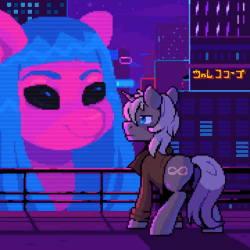Size: 720x720 | Tagged: safe, artist:hikkage, imported from derpibooru, oc, oc only, oc:octal overflow, earth pony, pony, unicorn, animated, black sclera, blade runner, blade runner 2049, butt, city, cityscape, clothes, cyberpunk, female, hologram, macro, male, neon, neon sign, night, pixel art, plot