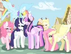 Size: 1280x967 | Tagged: safe, artist:jestersfinaldance, imported from derpibooru, applejack, fluttershy, pinkie pie, rainbow dash, rarity, twilight sparkle, alicorn, earth pony, pegasus, pony, unicorn, female, mane six, mare, ponyville, twilight sparkle (alicorn)