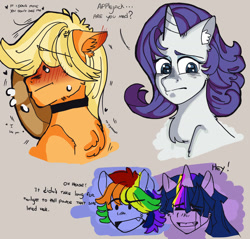 Size: 1280x1222 | Tagged: safe, artist:ariadsands, imported from derpibooru, applejack, rainbow dash, rarity, twilight sparkle, earth pony, pegasus, pony, unicorn, beige background, blushing, bust, chest fluff, ear fluff, female, hidden eyes, implied lesbian, implied shipping, implied twinkie, lesbian, mare, rarijack, shipping, simple background, sweat