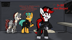 Size: 3296x1842 | Tagged: safe, artist:aaathebap, imported from derpibooru, snails, oc, oc:blackjack, oc:rampage, cyborg, ghoul, pony, undead, unicorn, fallout equestria, fallout equestria: project horizons, amputee, armor, cyber legs, cybernetic legs, fallout, fanfic art, figurine, funny, missing limb, swat, text