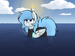 Size: 3000x2250 | Tagged: safe, artist:aaathebap, imported from derpibooru, oc, oc only, oc:coral streak, pegasus, pony, cute, eye clipping through hair, female, mare, ocean, sky, smiling, solo, sun, swimming, water, wetsuit