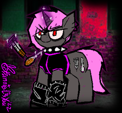 Size: 698x650 | Tagged: safe, artist:xxv4mp_g4z3rxx, imported from derpibooru, oc, oc only, oc:ivy crystals, pony, unicorn, arm warmers, clothes, collar, drugs, female, heroin, magic, needle, photo, red eyes, solo, spiked collar, spoon, syringe