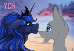 Size: 2360x1640 | Tagged: safe, artist:stirren, imported from derpibooru, princess luna, oc, alicorn, pony, bust, commission, duo, heart eyes, licking, mlem, nose licking, portrait, scenery, silly, sky, tongue out, wingding eyes, your character here