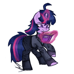 Size: 1200x1200 | Tagged: safe, artist:menalia, imported from derpibooru, twilight sparkle, pony, unicorn, book, boots, clothes, danganronpa, fingerless gloves, gloves, horn, magic, pants, shoes, simple background, solo, suit, white background